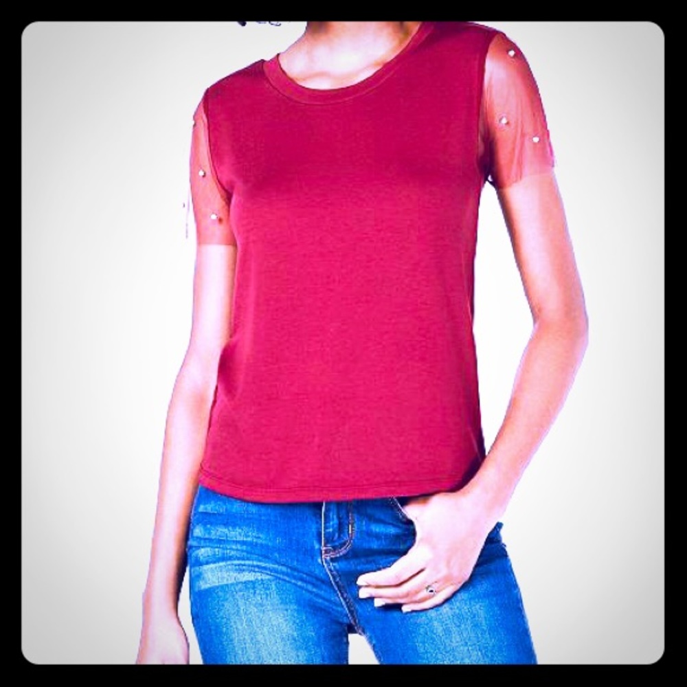 Pearl Embellished Sheer Sleeve Top
